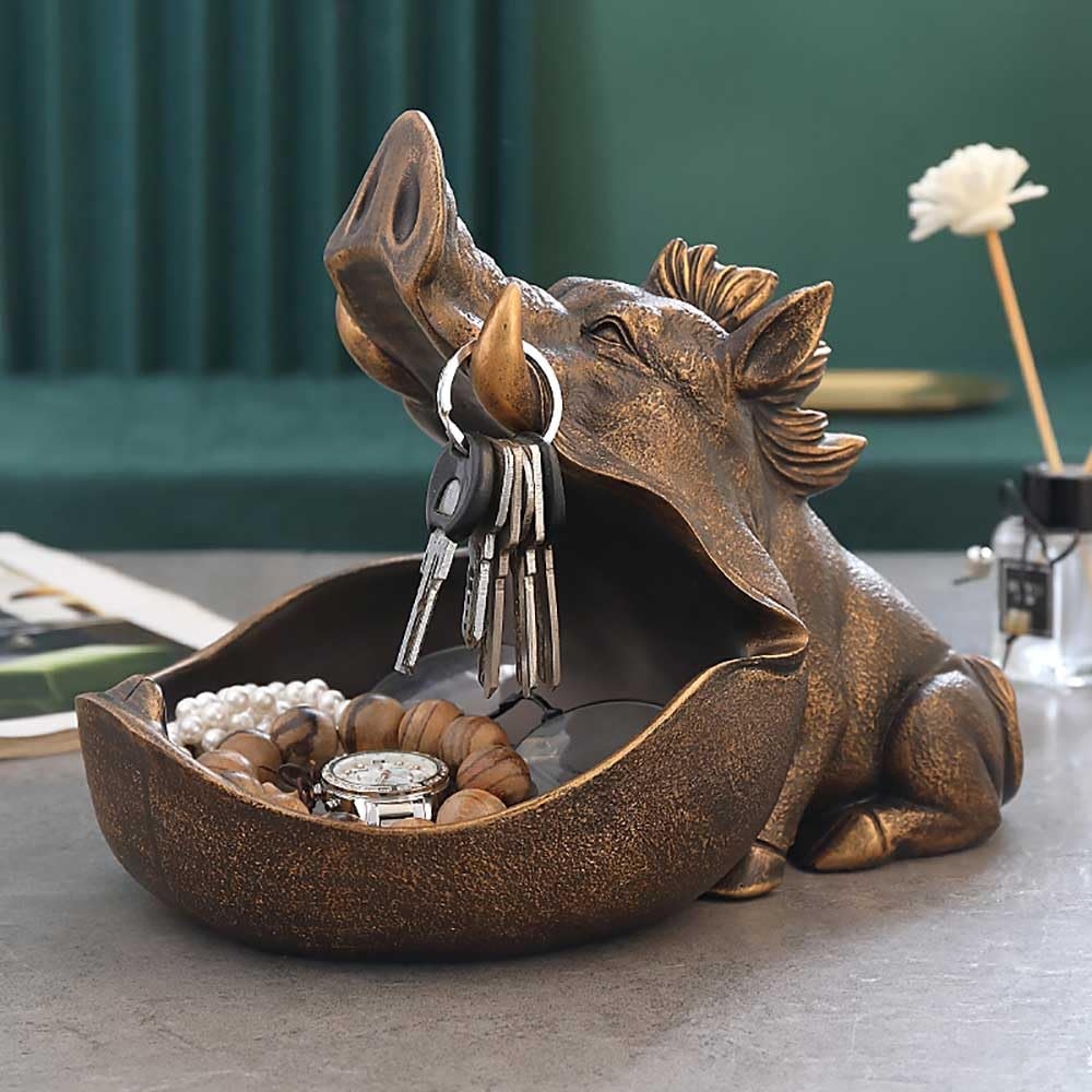 Storage Figurine Wild Boar Motif Tusk Key Hook Dish