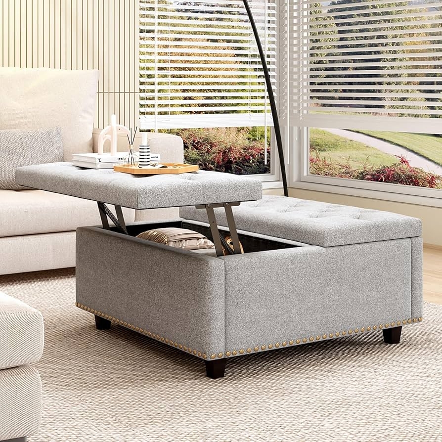 Storage Ottoman Lift Top Gray Tufted Coffee Table Nailhead
