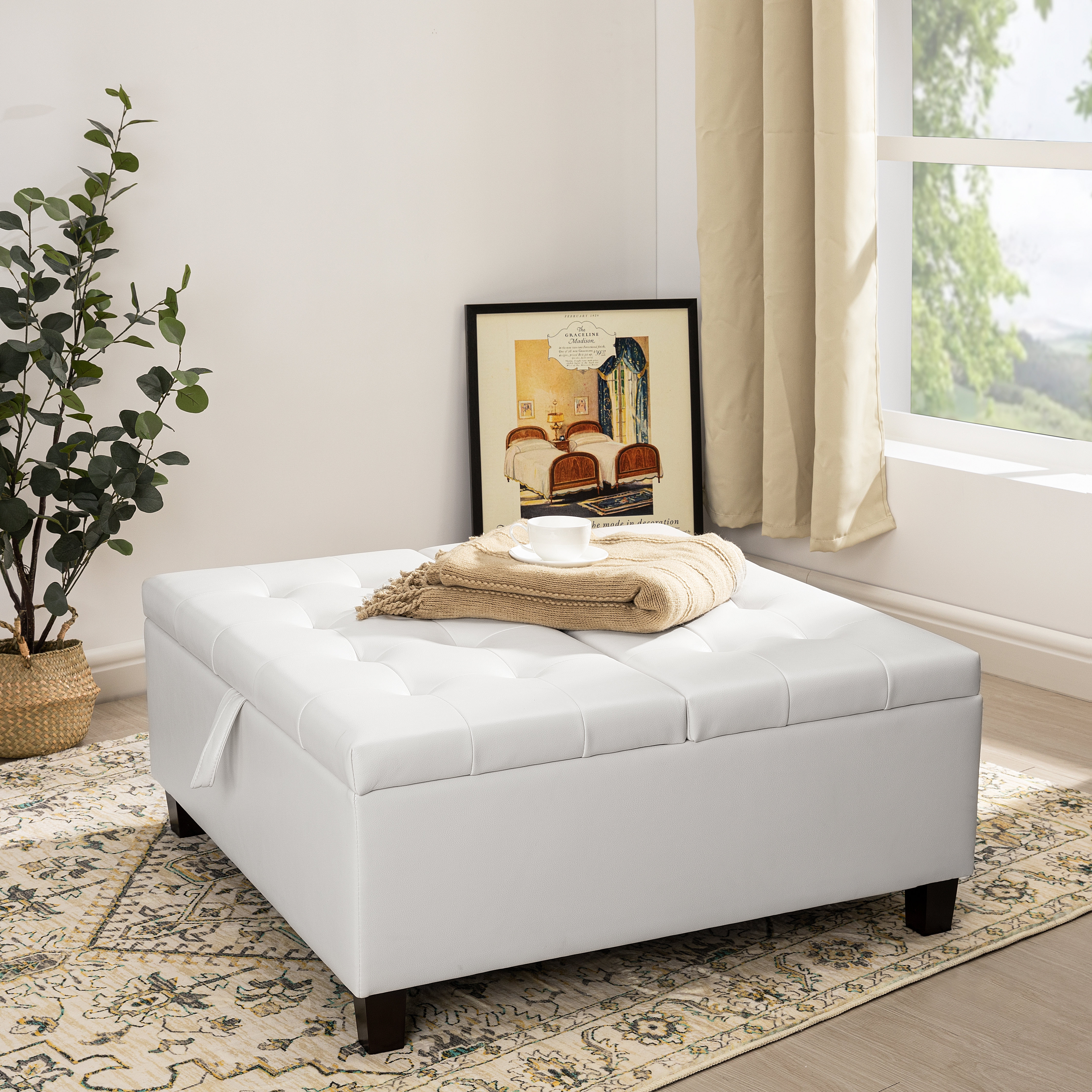 Storage Ottoman White Faux Leather: Lift Top Storage Trunk