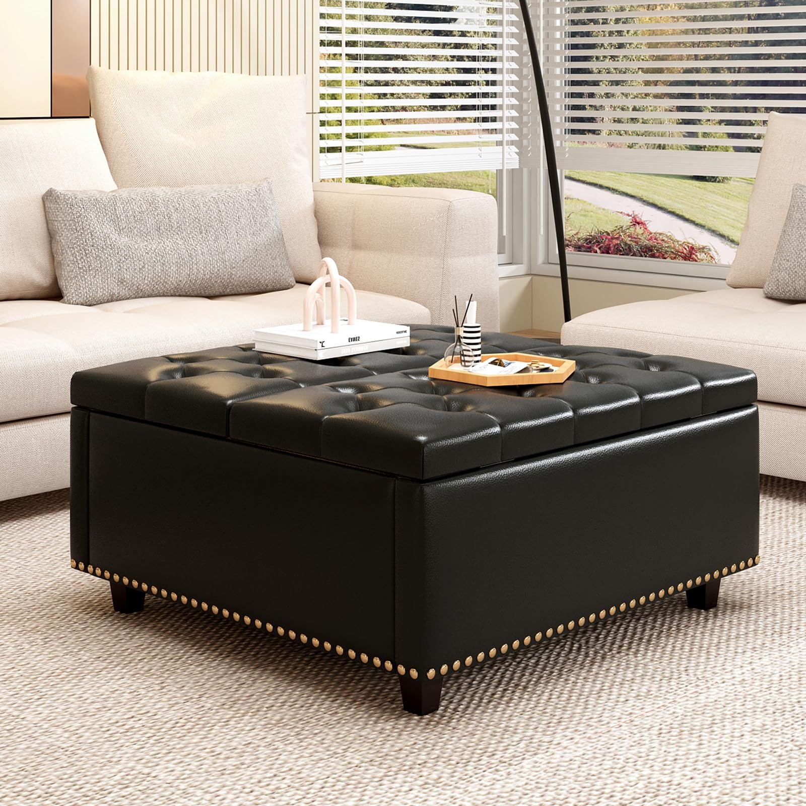 Storage Ottoman with Nailhead Trim: Black Leather Storage Ottoman