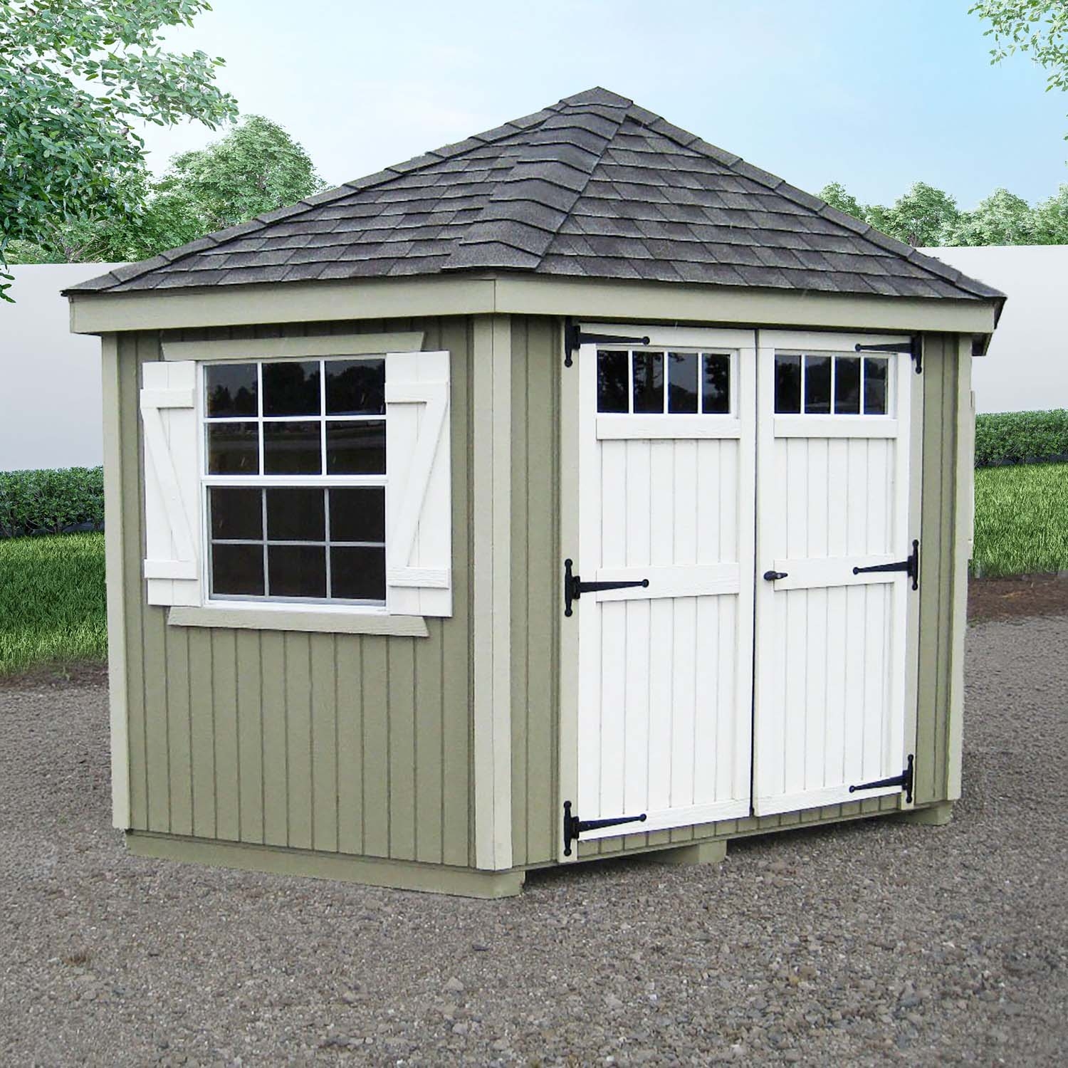 Storage Shed: Colonial Style Storage Building with Black Strap Hinges