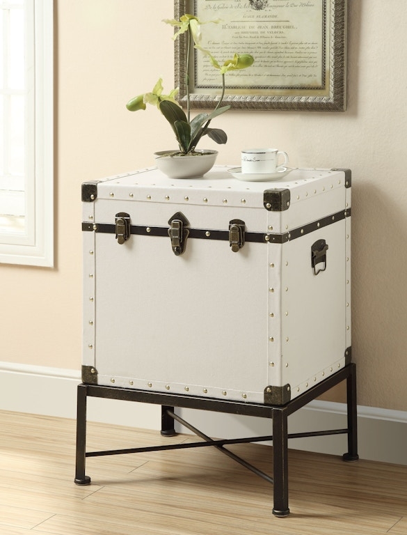 Storage Trunk Upholstered Body Off White Metal Base