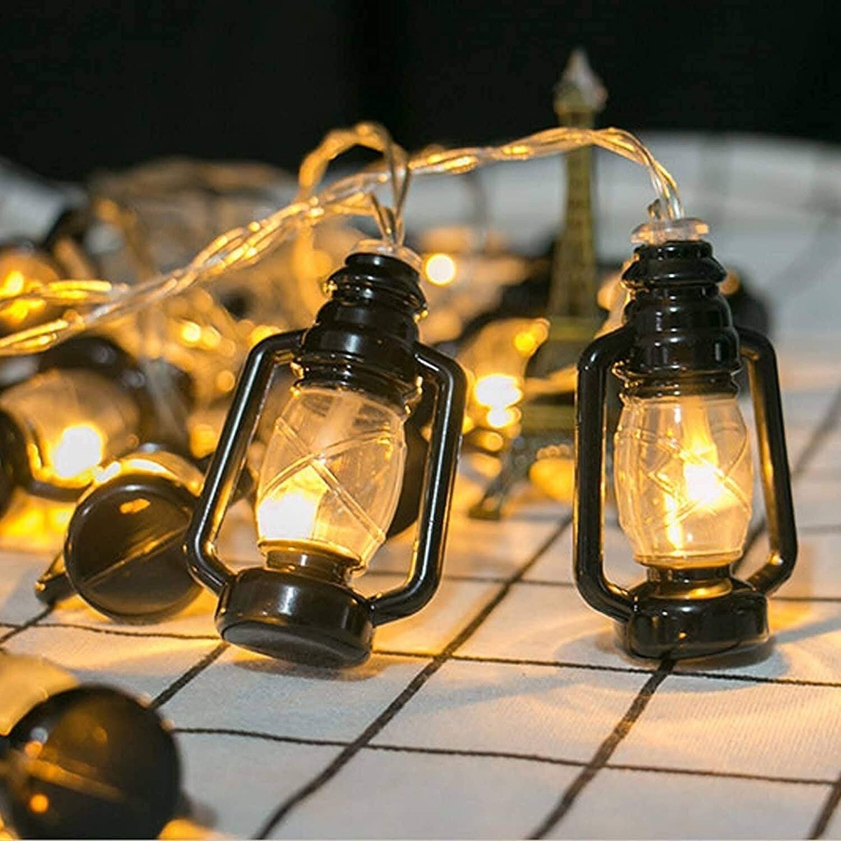 String Lights: Black Lantern Shape and Miniature Oil Lamp Decor