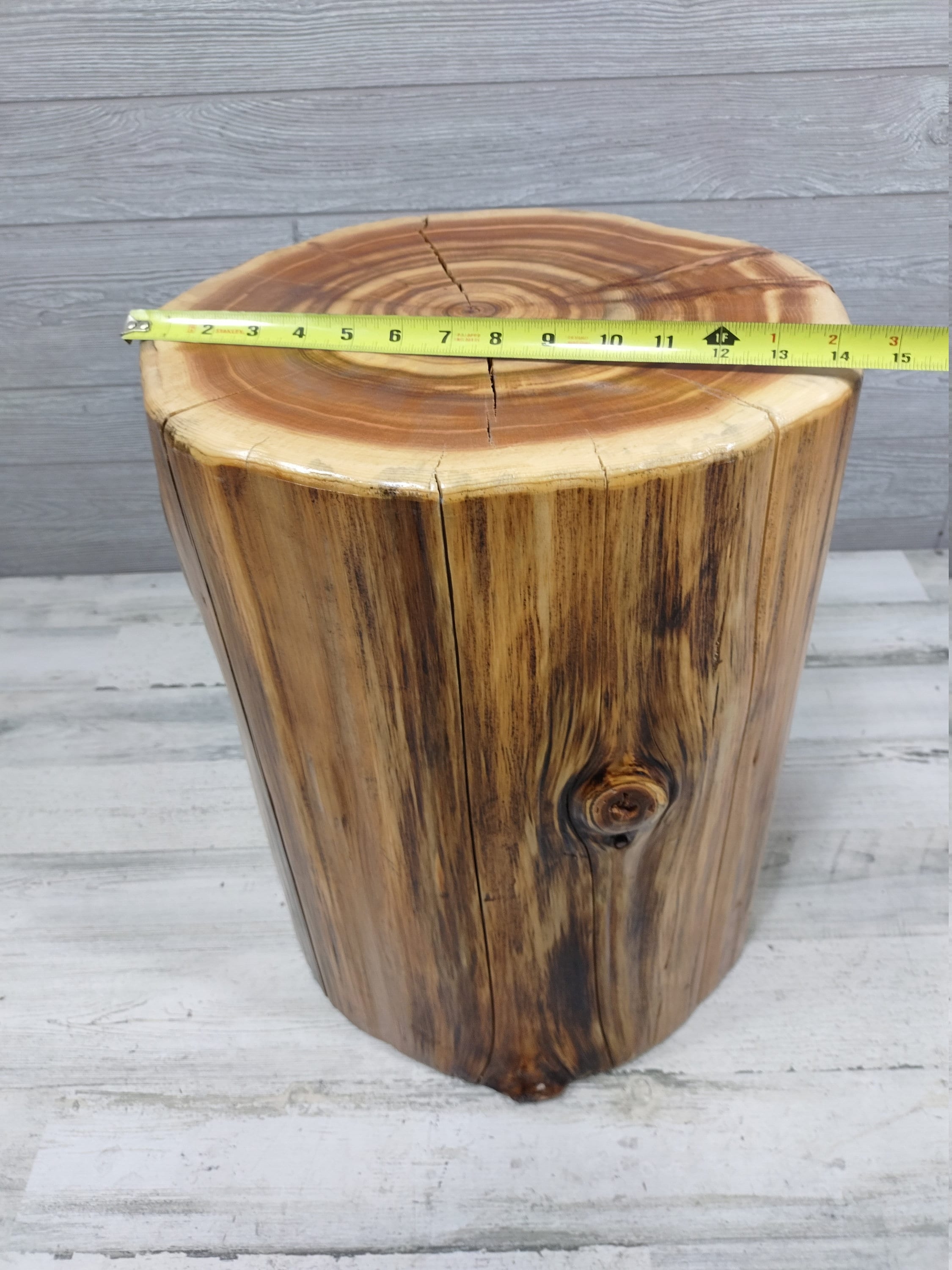 Stump Side Table Glossy Finish Visible Tree Rings