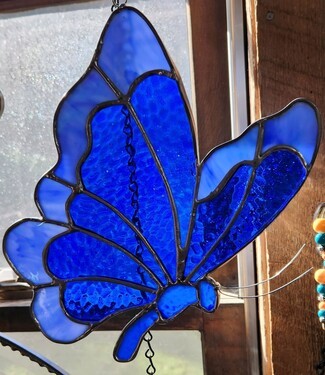 Suncatcher: Butterfly Shape Rippled Blue Glass Art