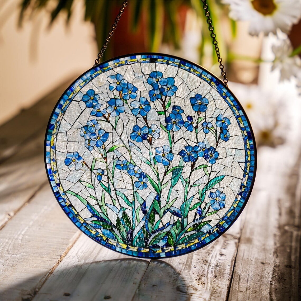 Suncatcher: Forget Me Not Motif Floral Circle Art