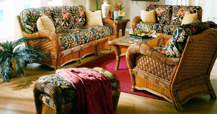Sunroom Furniture Set with Basketweave Texture and Rattan Cane