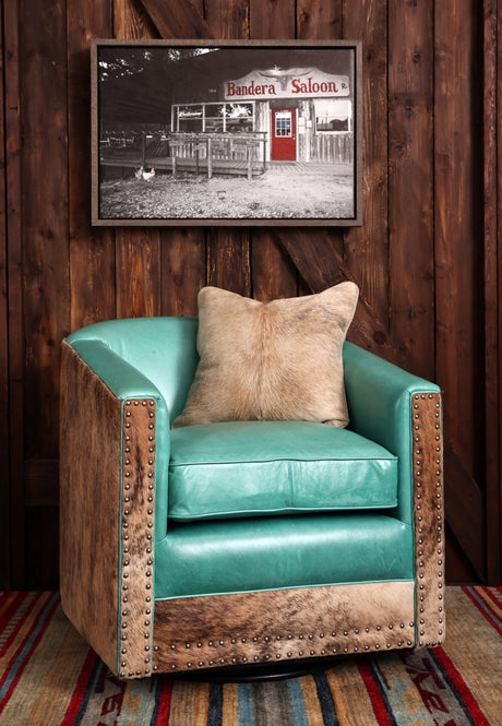 Swivel Accent Chair Cowhide Side Panels Leather Like Stud Detailing