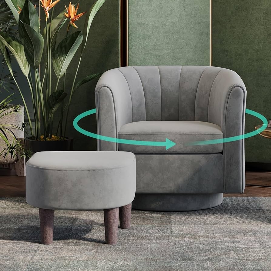 Swivel Accent Chair: Grey 360 Degree Swivel Channel Barrel