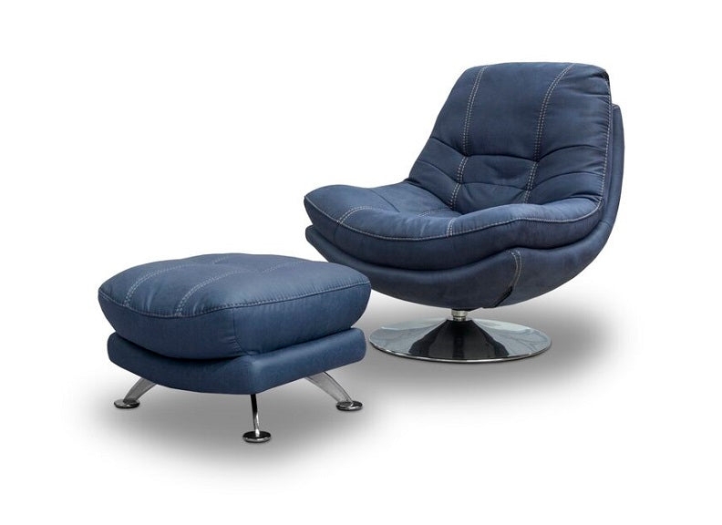 Swivel Armchair With Stool Contrast Stitch Armchair in Denim