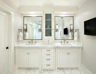 Symmetrical Double Vanity: Marble Veined Stone Finish