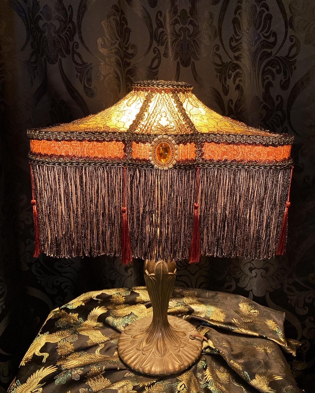 Table Lamp Amber Cabochon with Ornate Metallic Fringe
