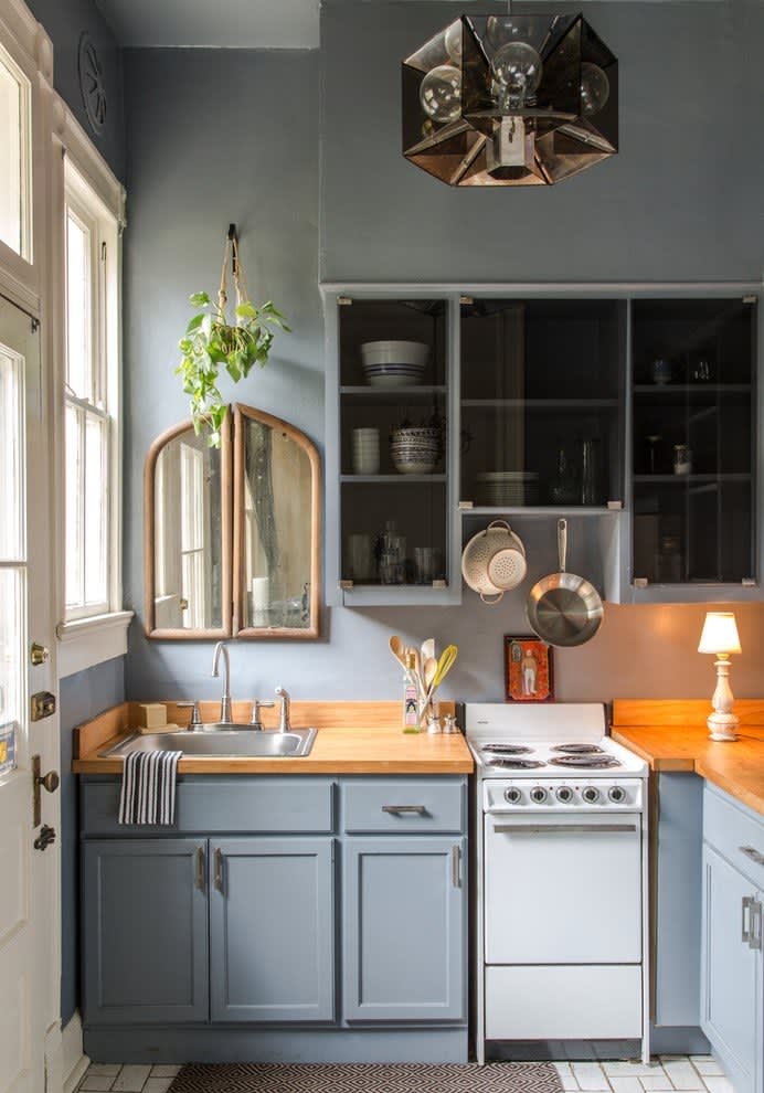 Table Lamp: Blue Cabinets Wood Countertop Styling