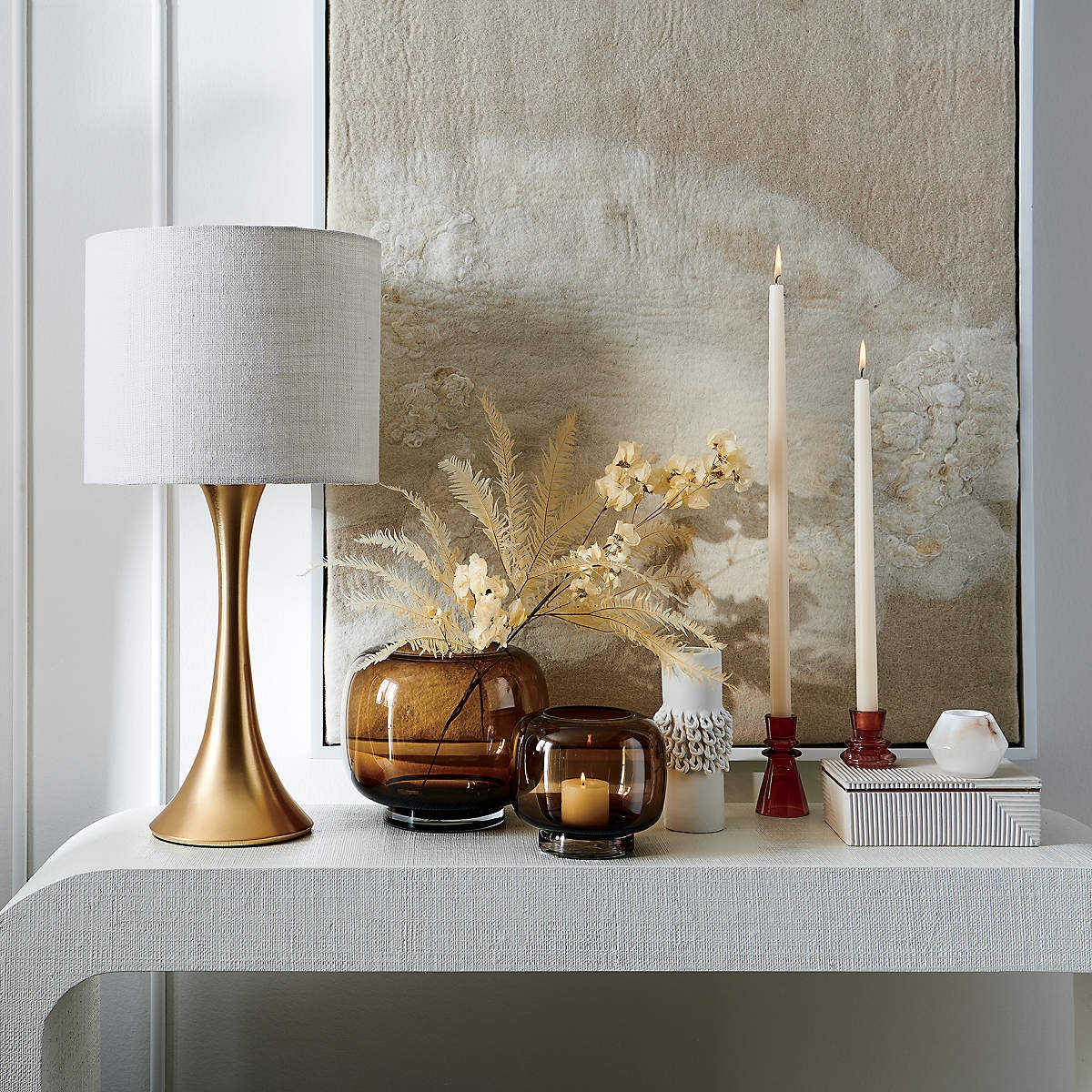 Table Lamp: Brushed Brass Trumpet Base Modern Drum Shade