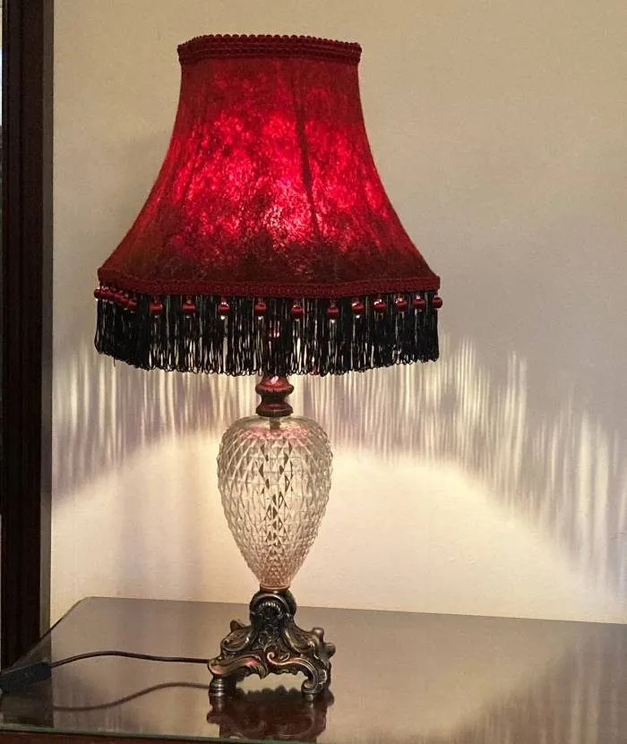 Table Lamp Ruby Red Felted Shade and Tassel Fringe