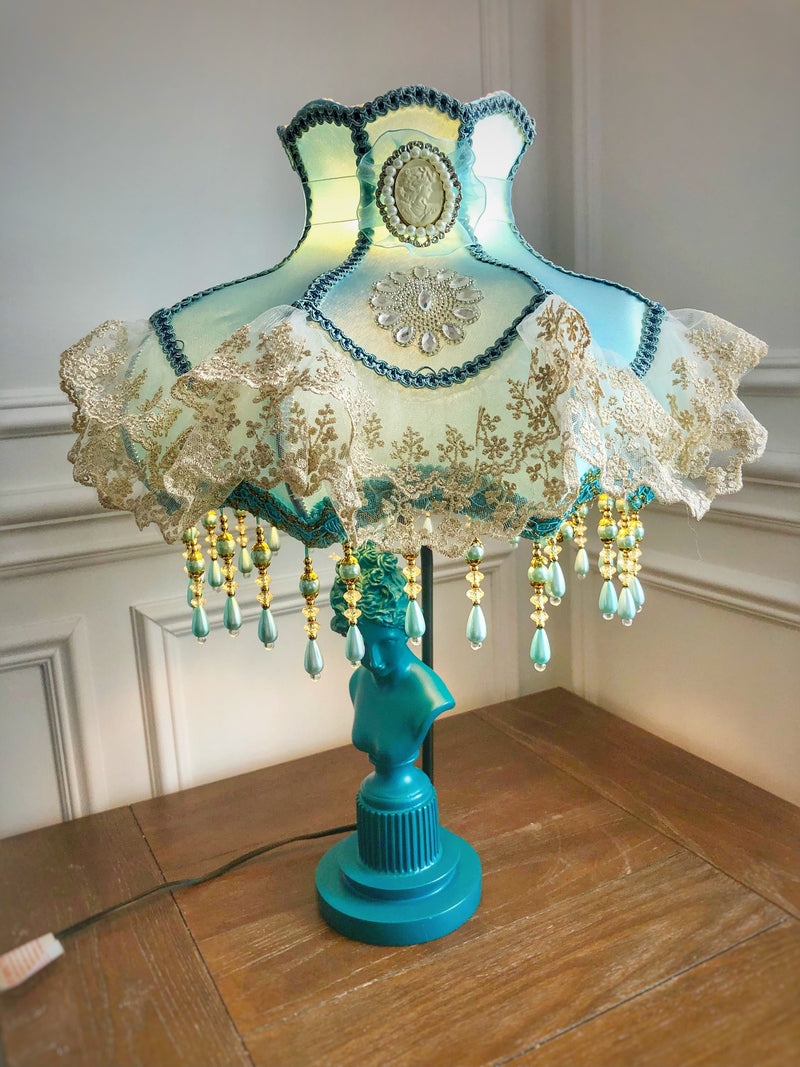 Table Lamp Teal Bust Statue Base and Cameo Accent