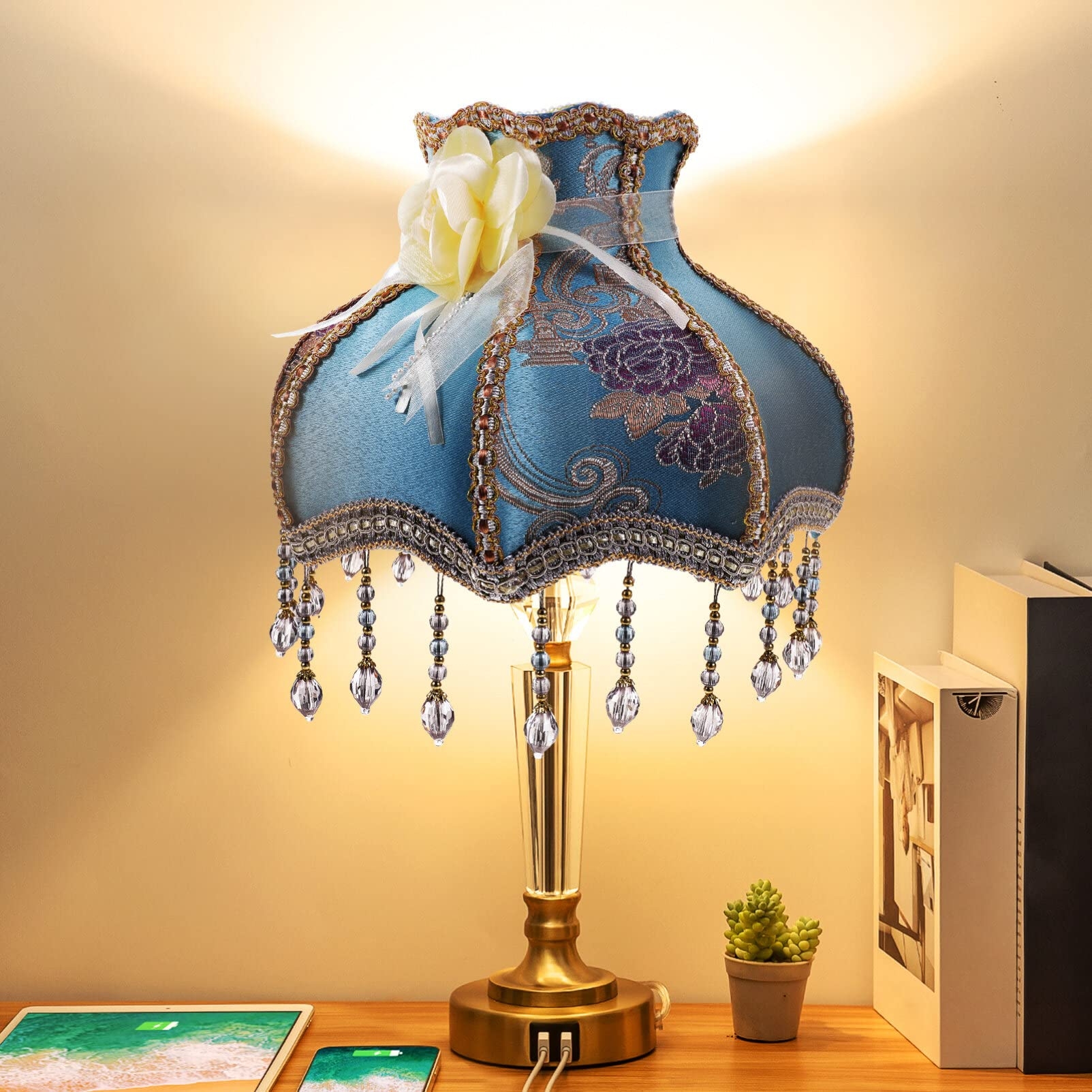 Table Lamp USB Charging Ports and Bead Tassel Fringe
