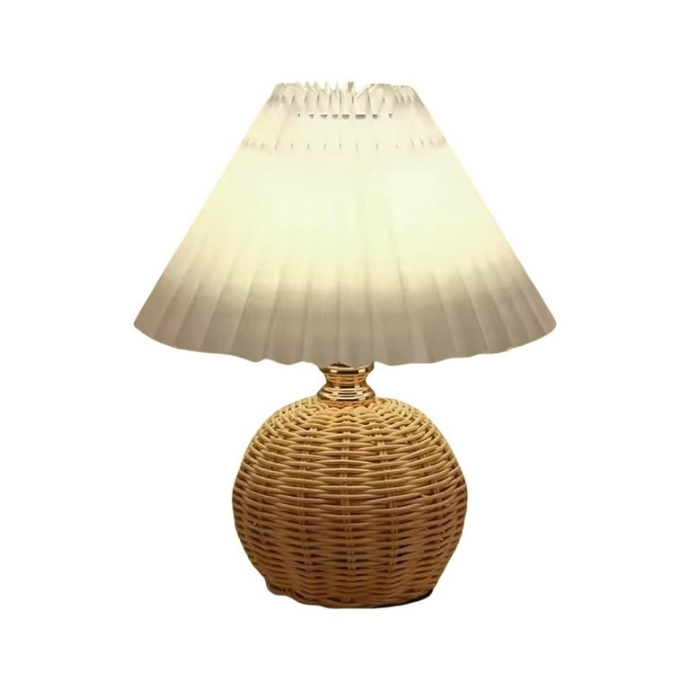 Table Lamp: Woven Rattan Base Pleated Farmhouse