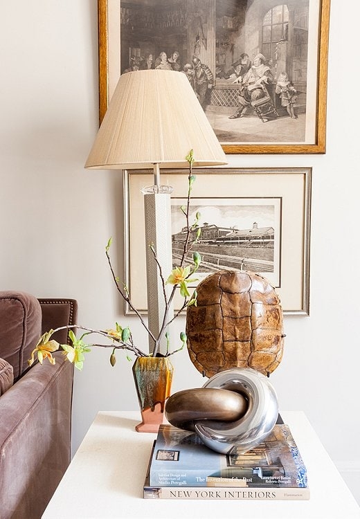 Table Vignette: Mixed Metal Sculpture with Pleated Lampshade