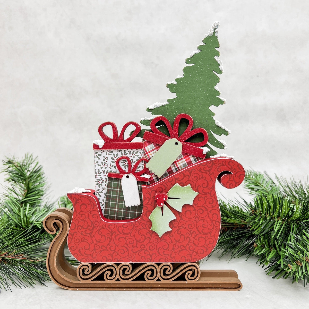 Tabletop Decor: Paisley Sleigh Pattern Layered Wood Centerpiece
