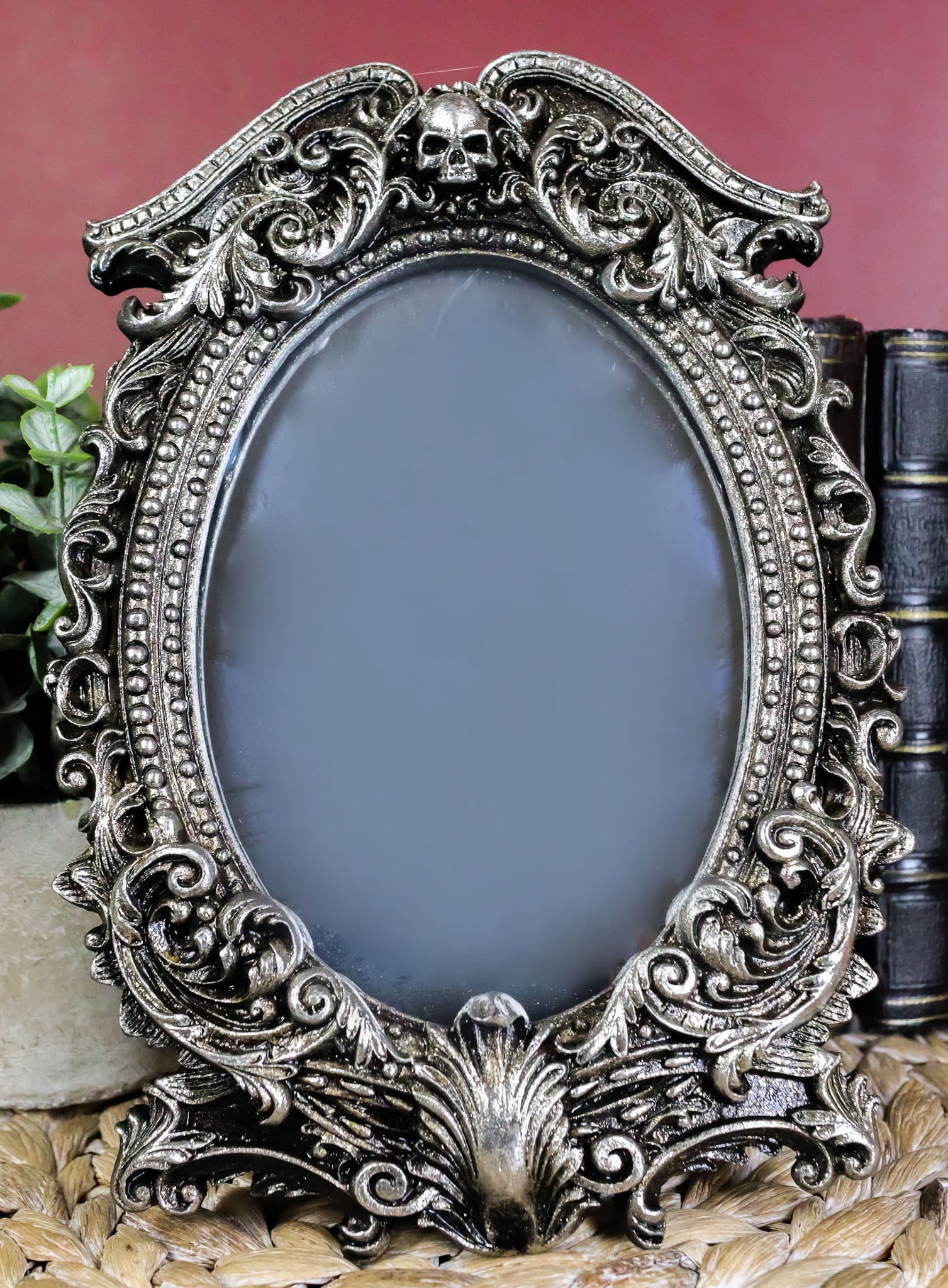 Tabletop Mirror with Skull Motif, Antique Silver Gothic Decor