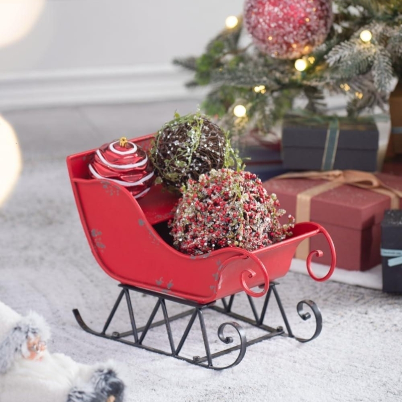 Tabletop Sleigh with Metal Lattice Base Distressed Red Finish