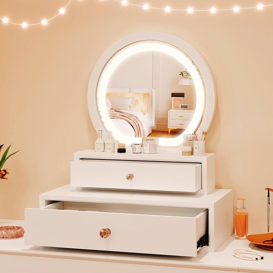 Tabletop Vanity Mirror: Tiered White Vanity Storage