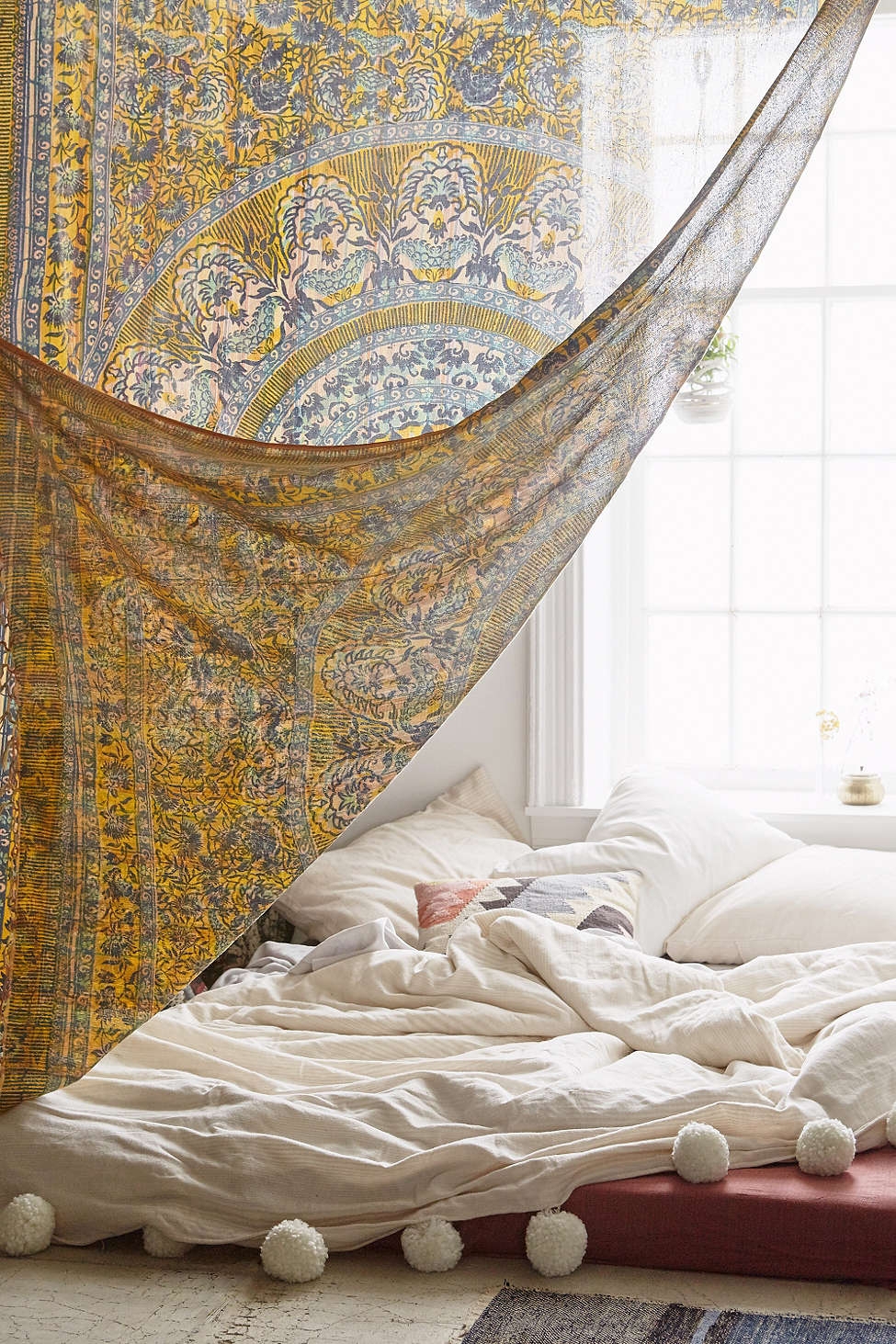 Tapestry Canopy: Pom Pom Trim Yellow Mandala Print Cozy Canopy Art