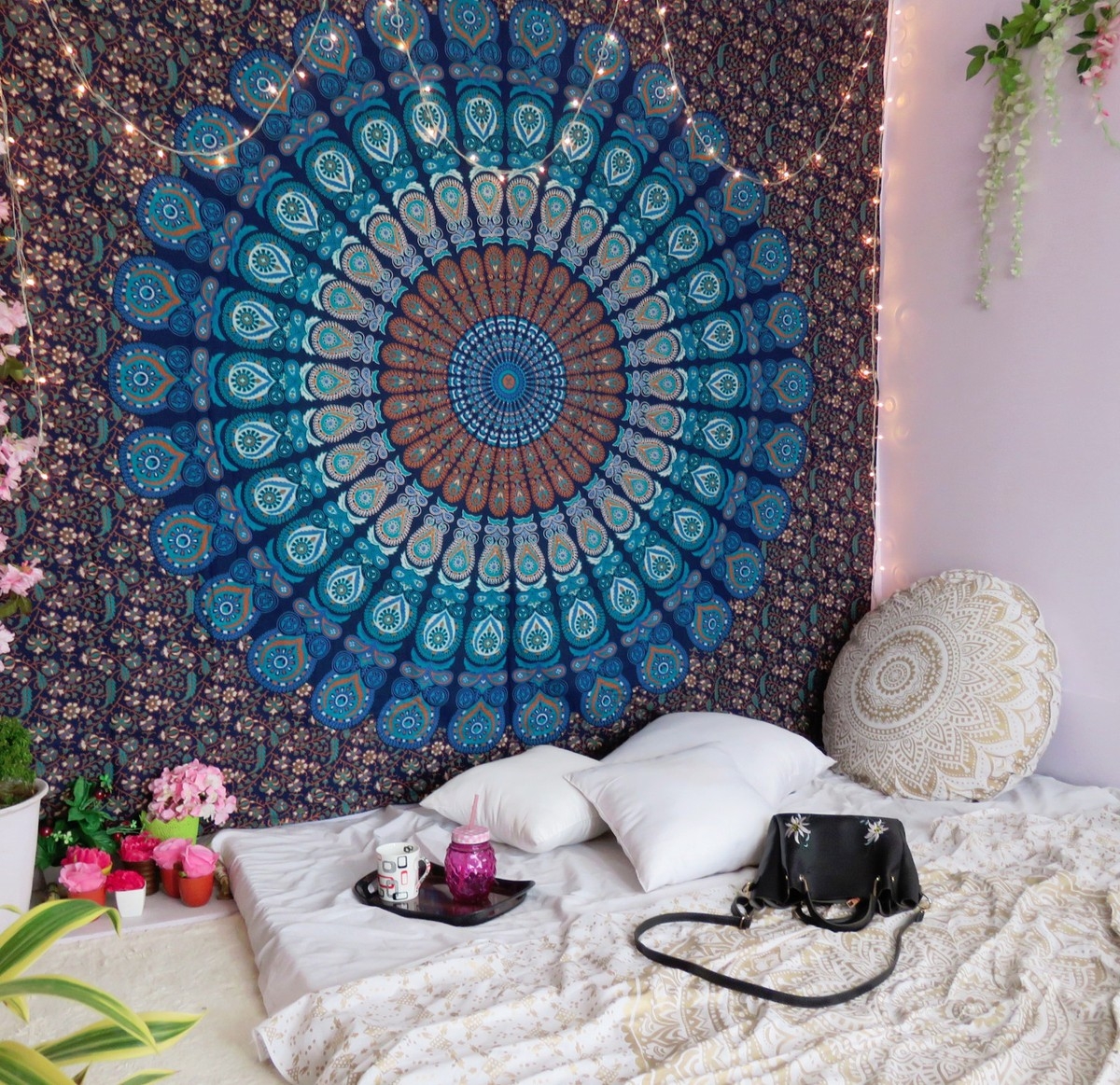 Tapestry: Cozy Floor Nook Teal Blue Hippie Mandala Wall Art