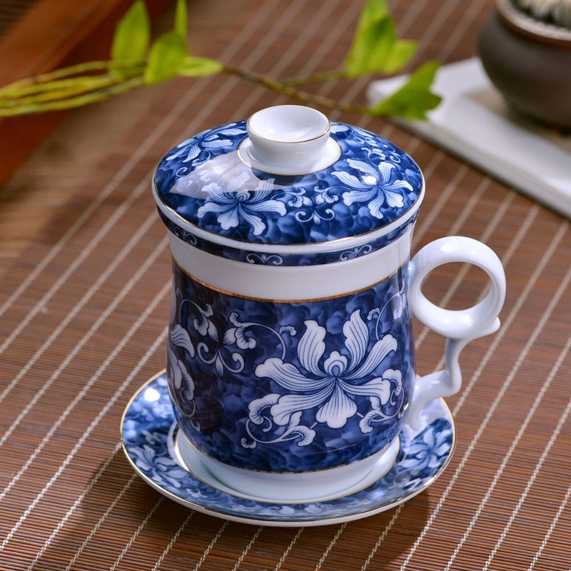 Tea Cup with Lidded Design and Elegant Scrolled Handle
