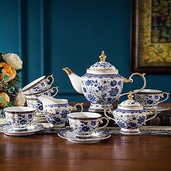 Tea Set with Blue Floral Motif for a Vintage Party