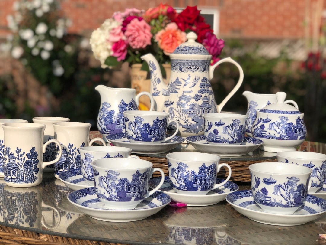 Tea Set with Cobalt Illustrations and Chinoiserie Style