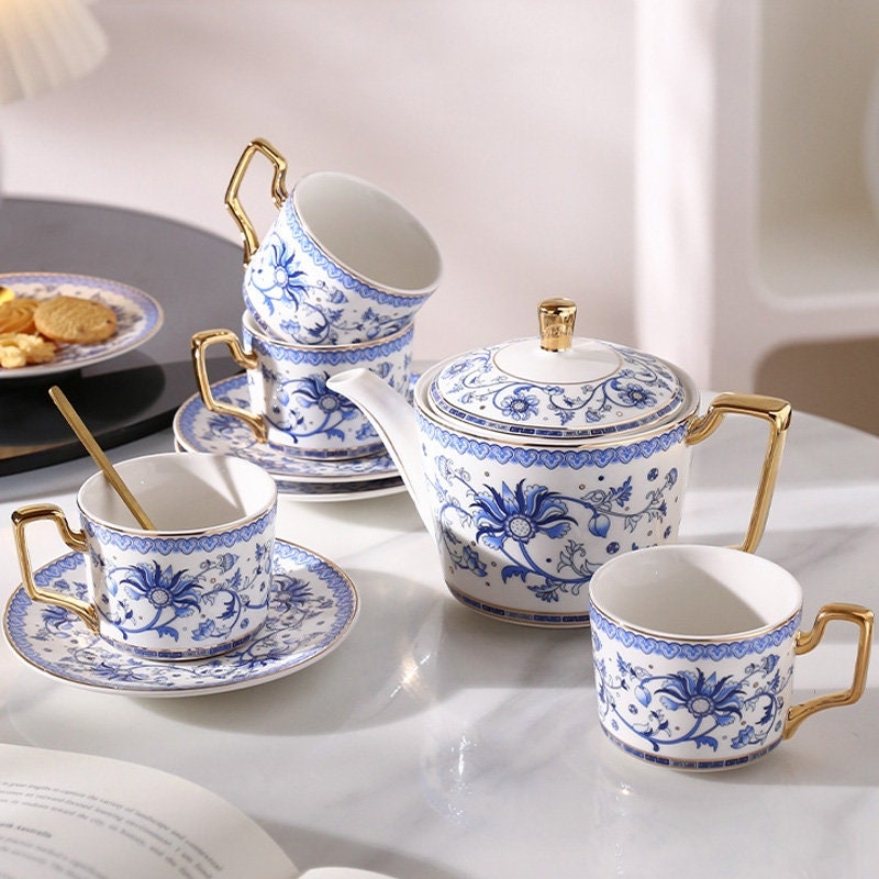 Tea Set with Geometric Gold Handles and Luxury China