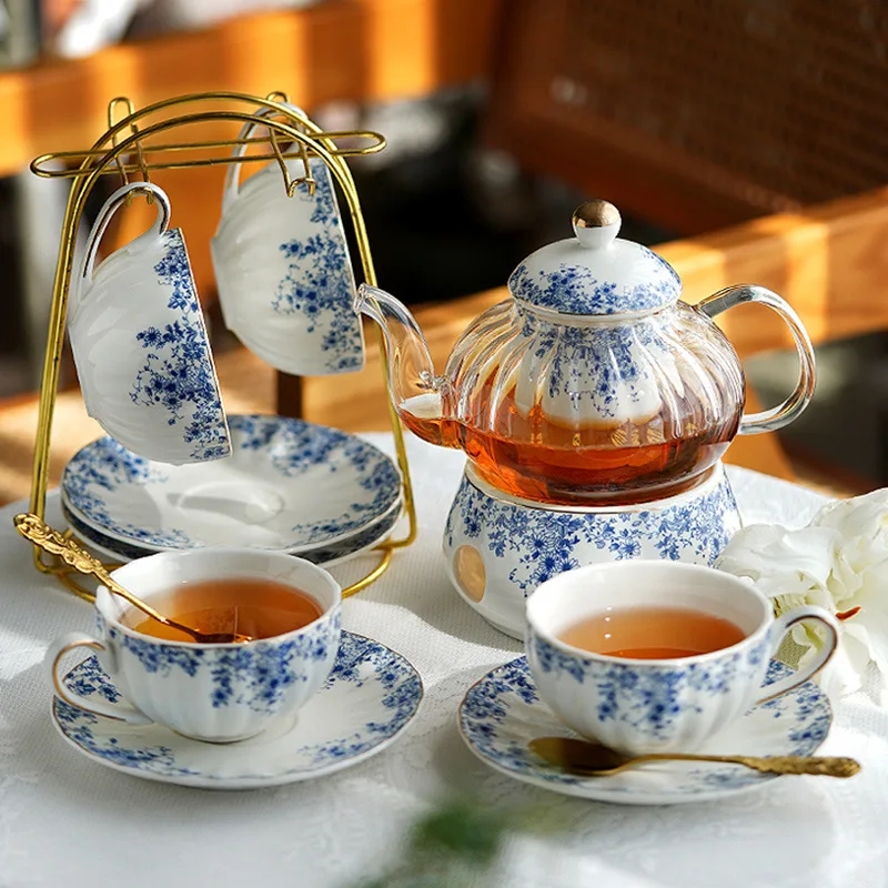Tea Set with Heated Glass Teapot and Cup Rack Display