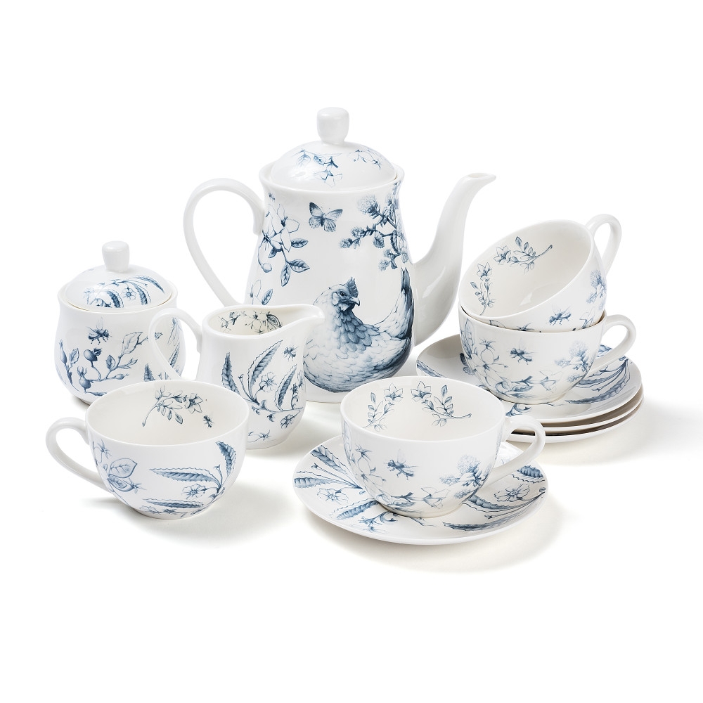 Tea Set with Hen Illustration for a Botanical Decor