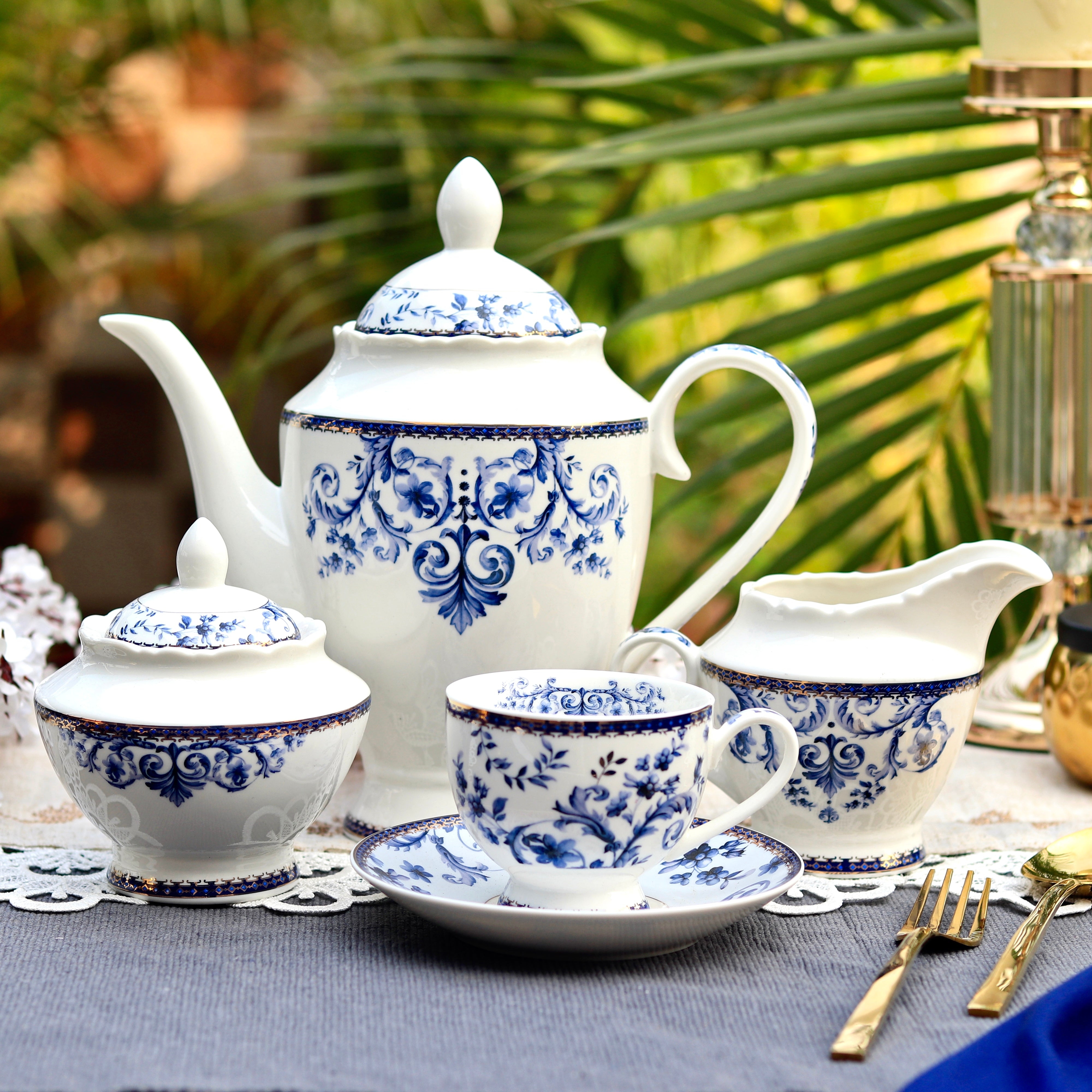 Tea Set with Midnight Pattern and Gold Rimmed China
