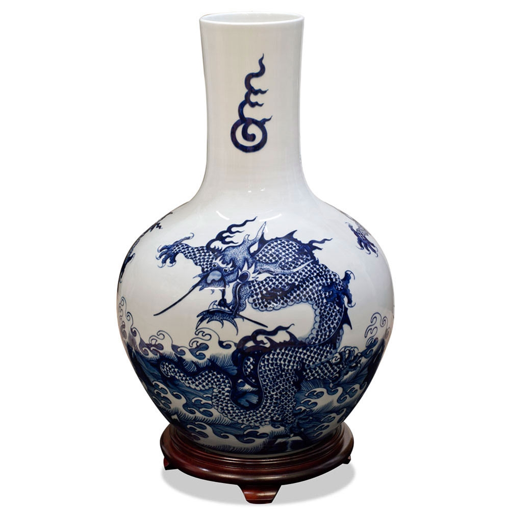 Temple Vase with Dragon Motif and Footed Wood Stand