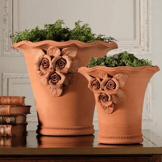 Terracotta Planter Rose Applique Handcrafted Clay Decor