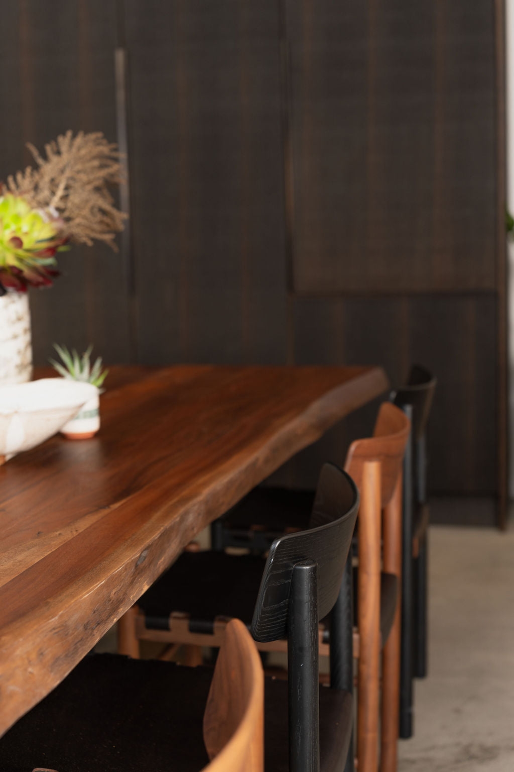 Thick Live Edge Dining Table: Walnut Wood Slab With Curved Chairs