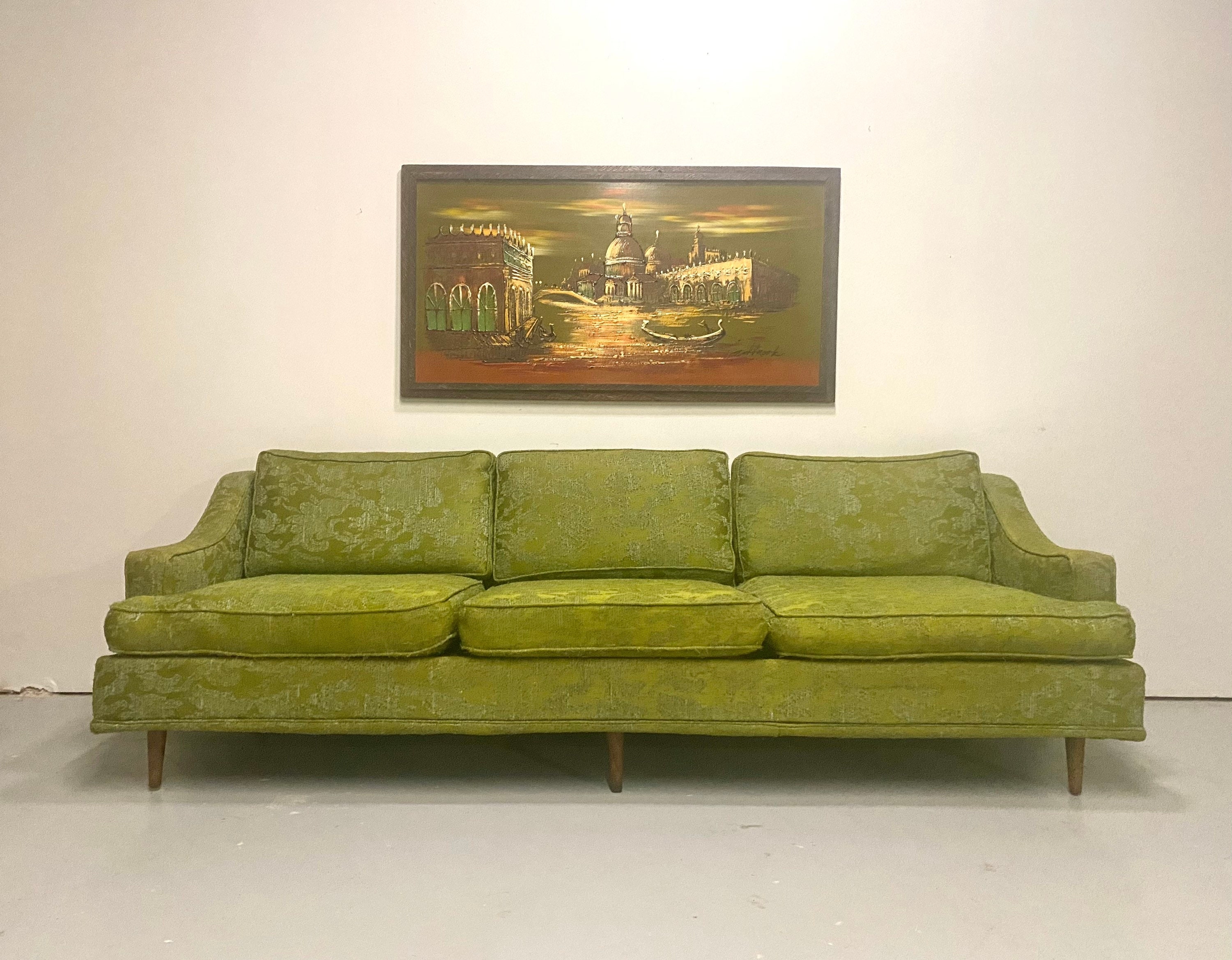 Three Seat Sofa: Avocado Green with Vintage Damask Pattern