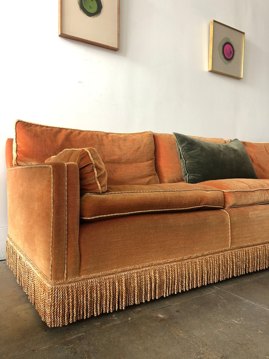 Three Seat Sofa in Burnt Orange corduroy with vintage corduroy fringe sofa