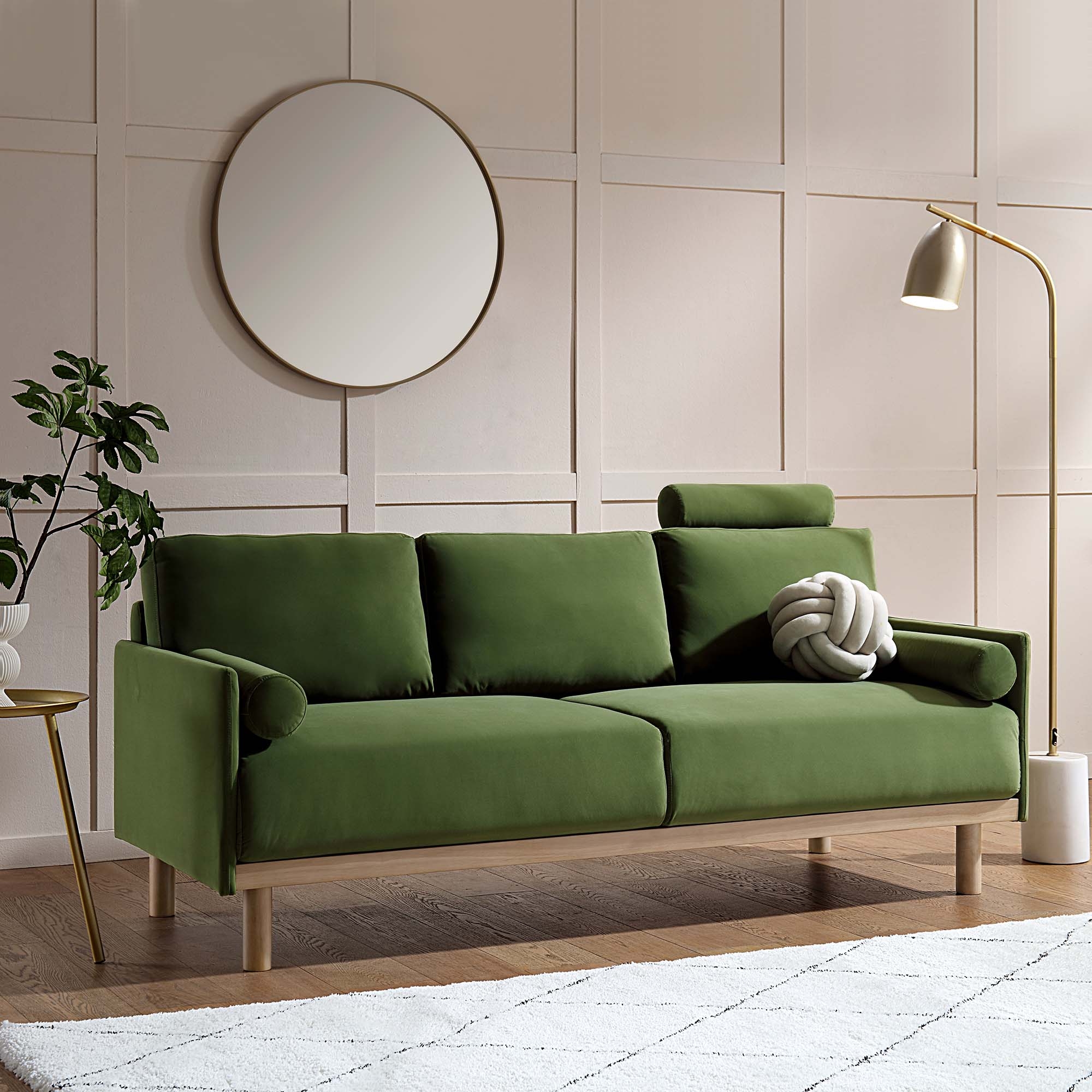 Three Seater Sofa with Bolster Pillows and Wood Base