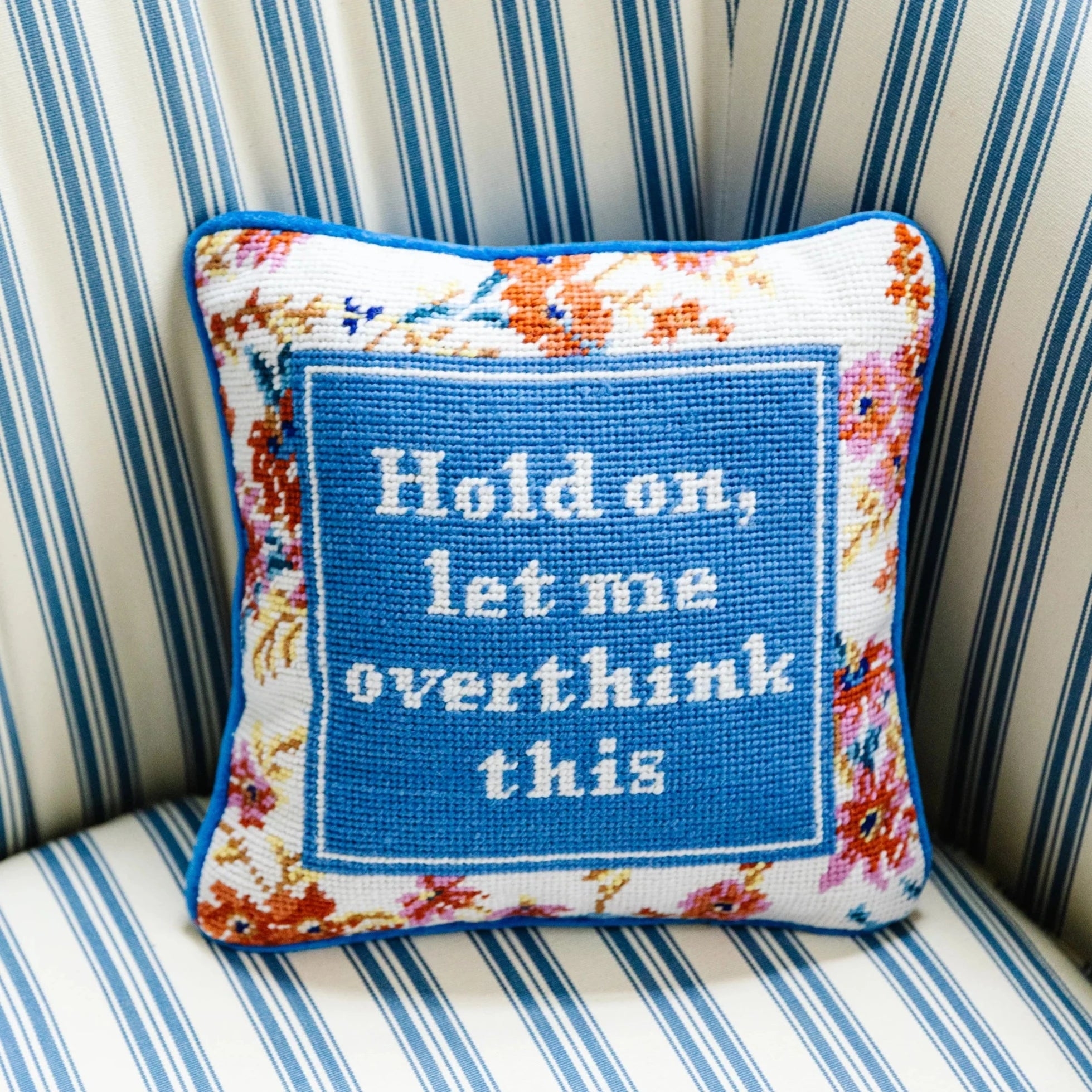 Throw Pillow for Overthinkers with a Floral Needlepoint Border