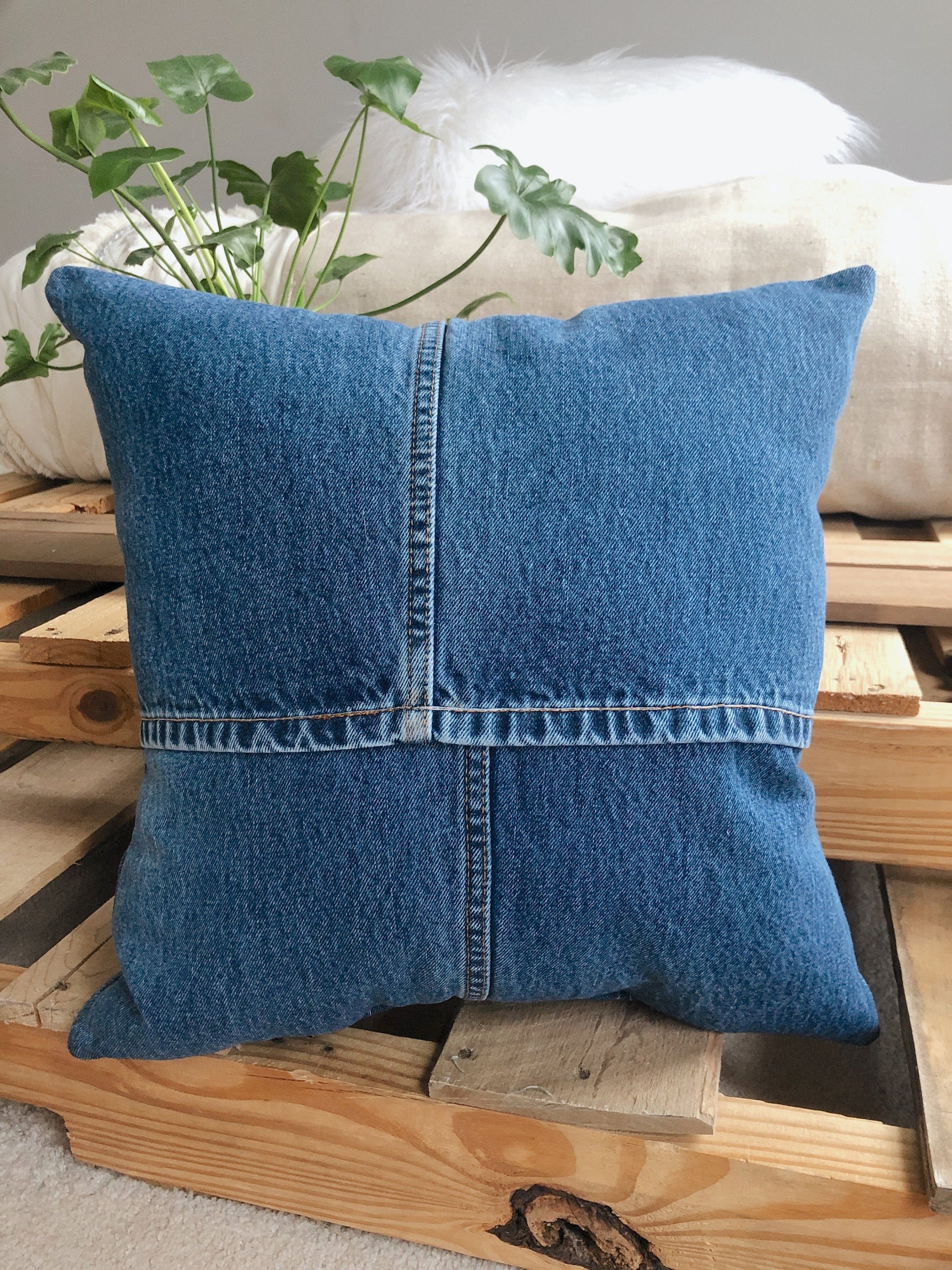 Throw Pillow with cross seam detail indigo denim decorative pillow