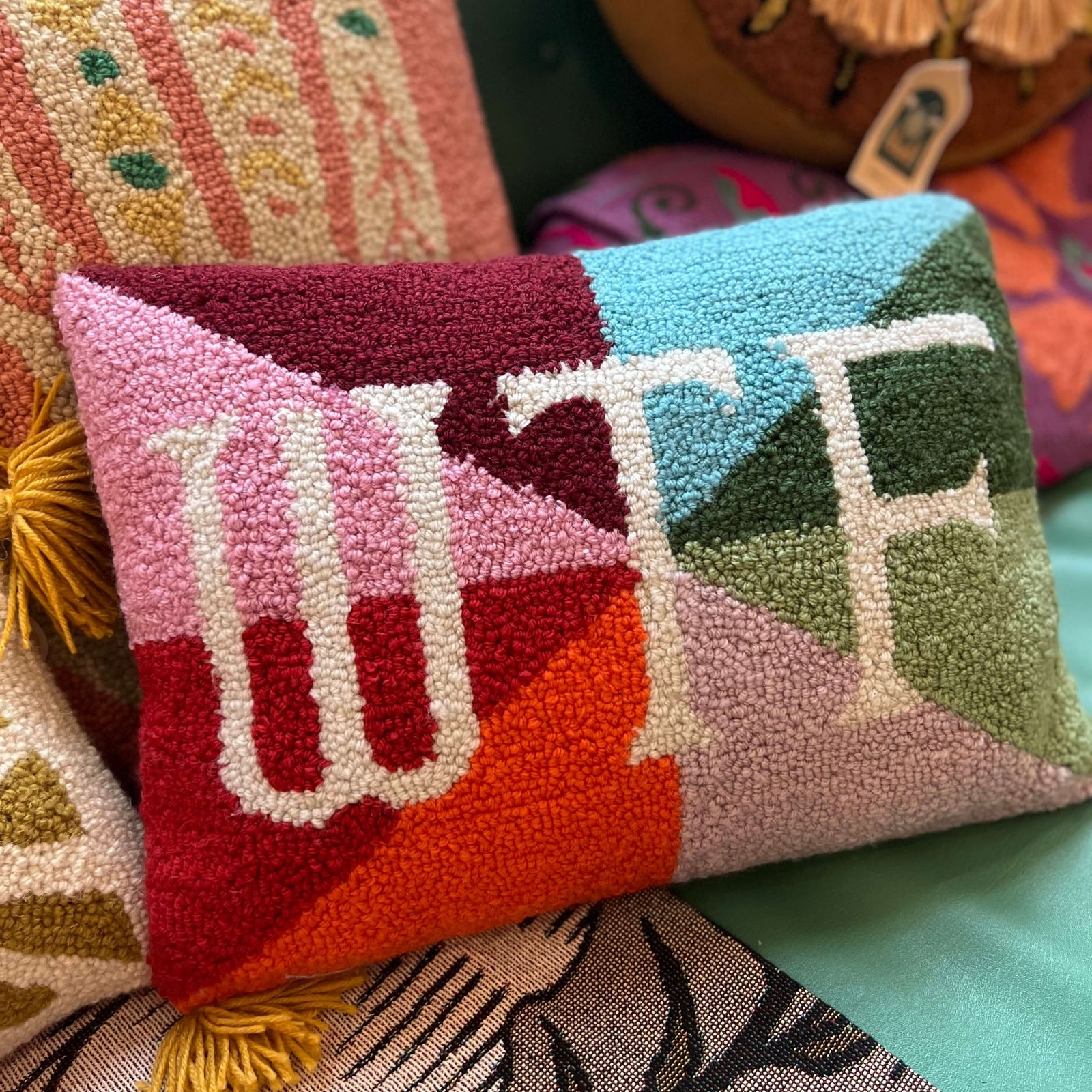 Throw Pillow with WTF Lettering and Chunky Hooked Yarn Loops