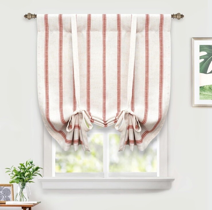Tie Up Curtain: Barn Red Linen Ticking Stripe Window Valance