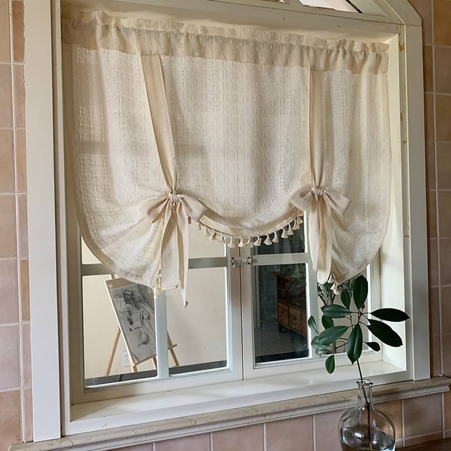 Tie Up Curtain: Beige Tassel Fringe Waffle Weave Tasseled Shade