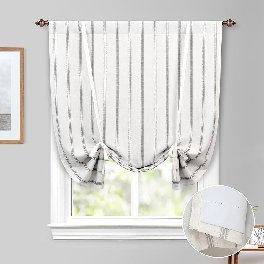 Tie Up Curtain: Gray Vertical Stripe Linen Blackout Balloon Shade
