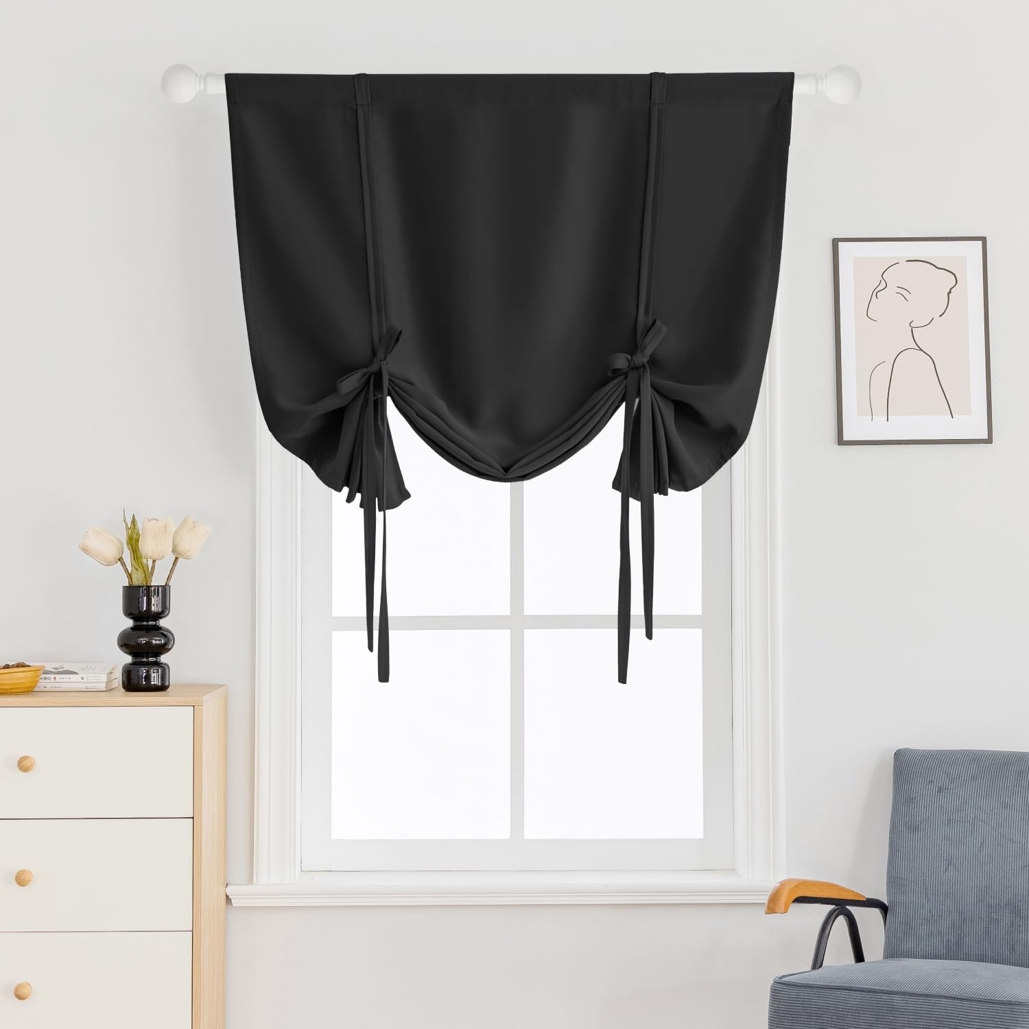 Tie Up Curtain: Matte Black Blackout Short Balloon Shade