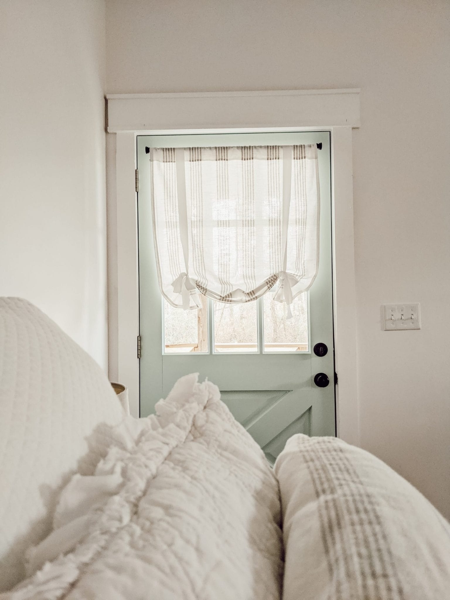 Tie Up Curtain: Sage Green Door Striped Bedroom Window Treatment